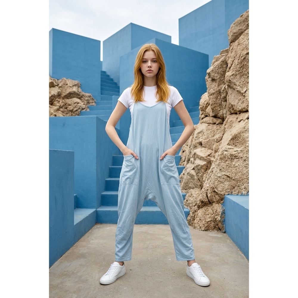 FP Movement M Free People Hot Shot Jumpsuit Baby Blue Medium Oversized OB1118188